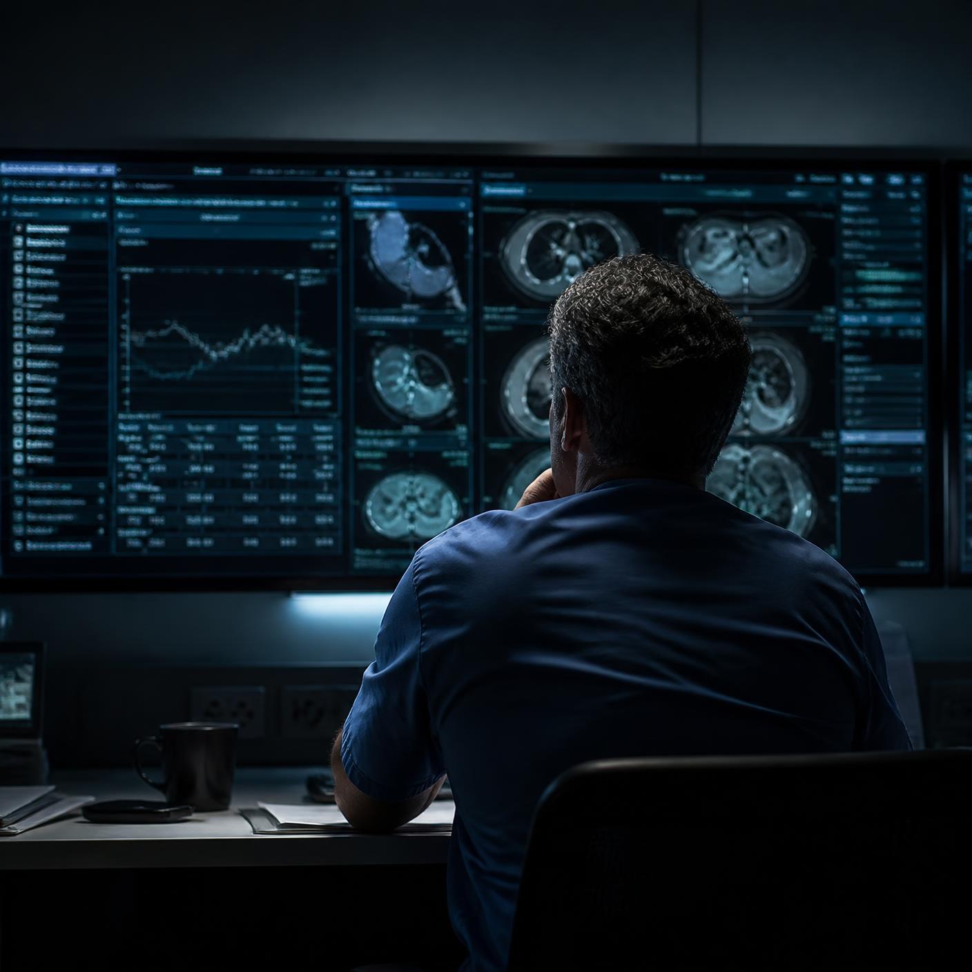 Physician reviewing clinical imaging and telemetry on a Radial software workstation